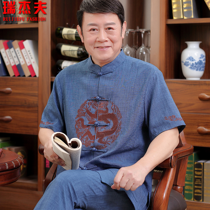 người trung niên và tuổi lanh Tang nam ngắn tay thêu gió Trung Quốc thiết lập Trung Quốc bông Mahan quần áo lớn mã cha hè váy