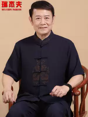 Summer Tang suit men's short sleeve linen suit middle-aged and elderly cotton linen suit Chinese half-sleeve Hanfu large size father suit