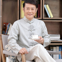Chinese style Tang suit mens long-sleeved linen suit Spring and autumn middle-aged and elderly cotton and linen Han suit Chinese jade buckle dad suit