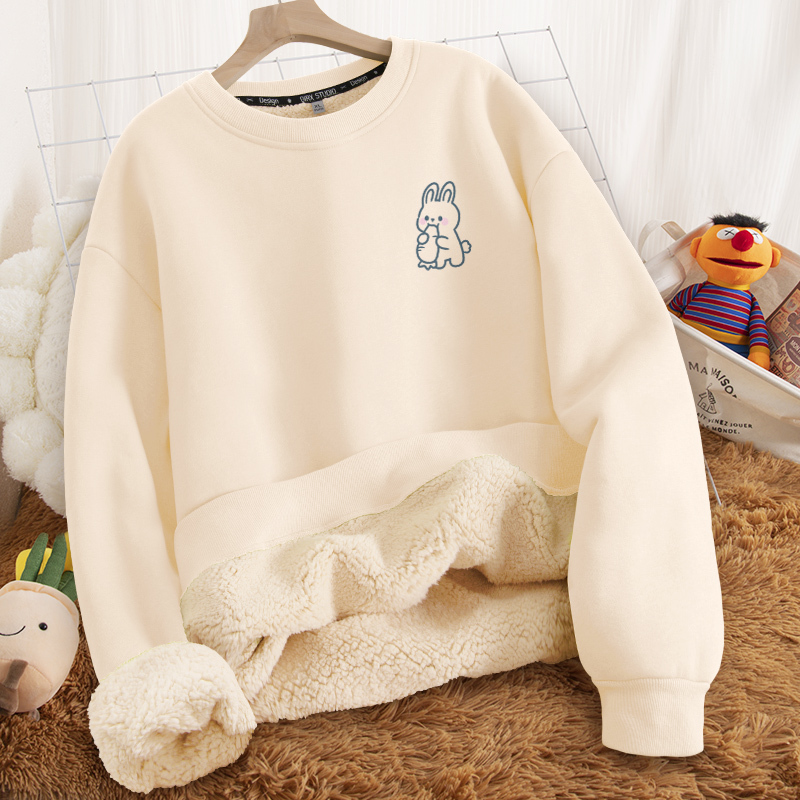 Lamb Wool Winter Crew Neck Sweatshirt for Women, Autumn and Winter 2024 New Style, Winter Fleece-Lined and Thickened, Lazy Style Top, Winter Clothing