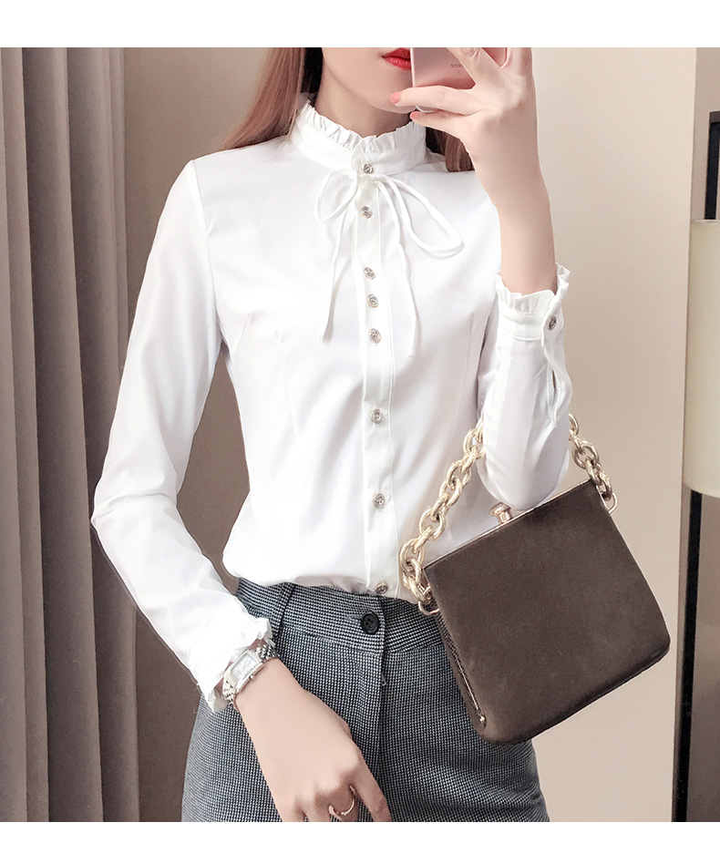Áo sơ mi trắng cổ lọ ren nữ Han Fan 2018 xuân mới cho nữ dài tay chạm đáy lấy áo chuyên nghiệp mùa thu áo kiểu voan