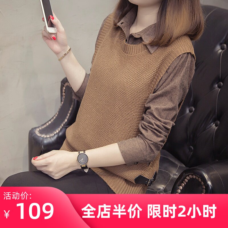 Spring, autumn and winter 2022 new fake two-piece suit slim sweater shirt large size women's clothing slightly fat mm casual small man