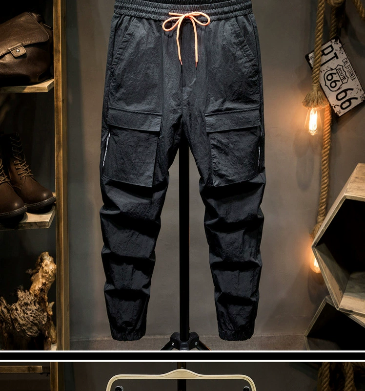 Băng lụa mỏng cỡ lớn quần yếm nam thương hiệu nhanh khô quần chín điểm giản dị quần thể thao nam rộng chân Harlan quần - Crop Jeans