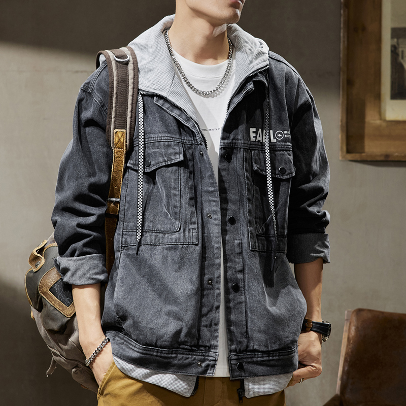 牛仔夹克男士2025秋冬季新款卫衣连帽潮牌宽松假两件休闲加绒外套