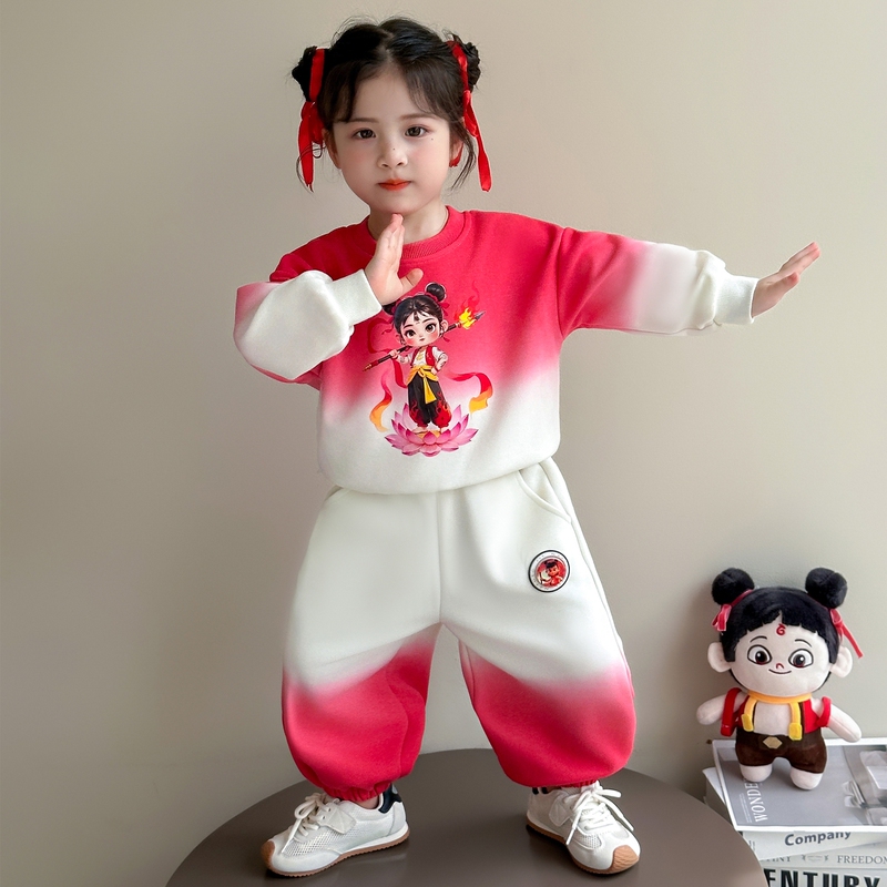 Little Nezha Children's Clothing for Girls, Spring Long-Sleeve Sweatshirt Set, Sporty Girl's Clothing with Glowing Lights