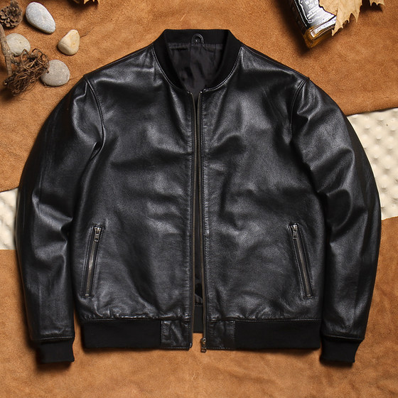 New cotton Haining genuine leather jacket for men, first-layer cowhide baseball jacket, motorcycle jacket, thin jacket, sheepskin