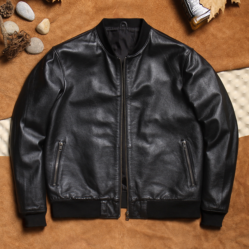 New Style Padded Haining Genuine Leather Jacket for Men, First Layer Cowhide Baseball Jacket, Biker Jacket Style, Thin Coat, Sheepskin