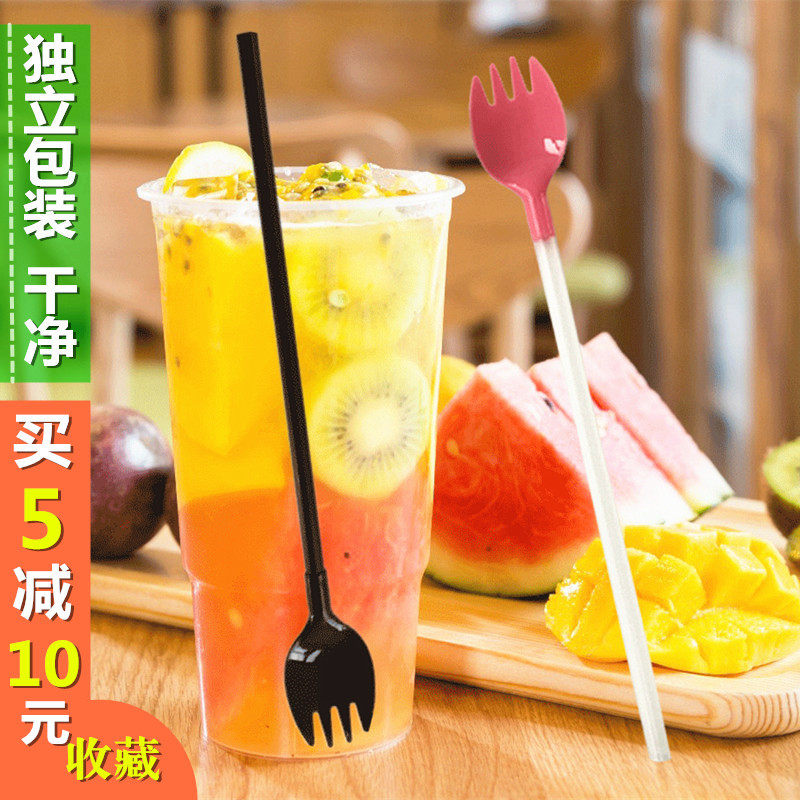 Disposable fruit tea fork lengthened Dual-purpose fork spoon 25cm with straw fork spoon integrated fork long handle fruit fork