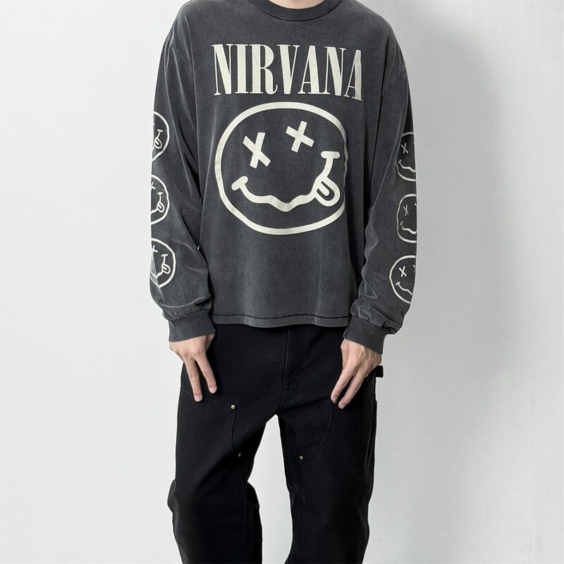 Nirvana Band Kurt Cobain Classic Smiley Face Print Long-Sleeve T-Shirt Unisex Vintage Distressed Trendy Brand Base Shirt