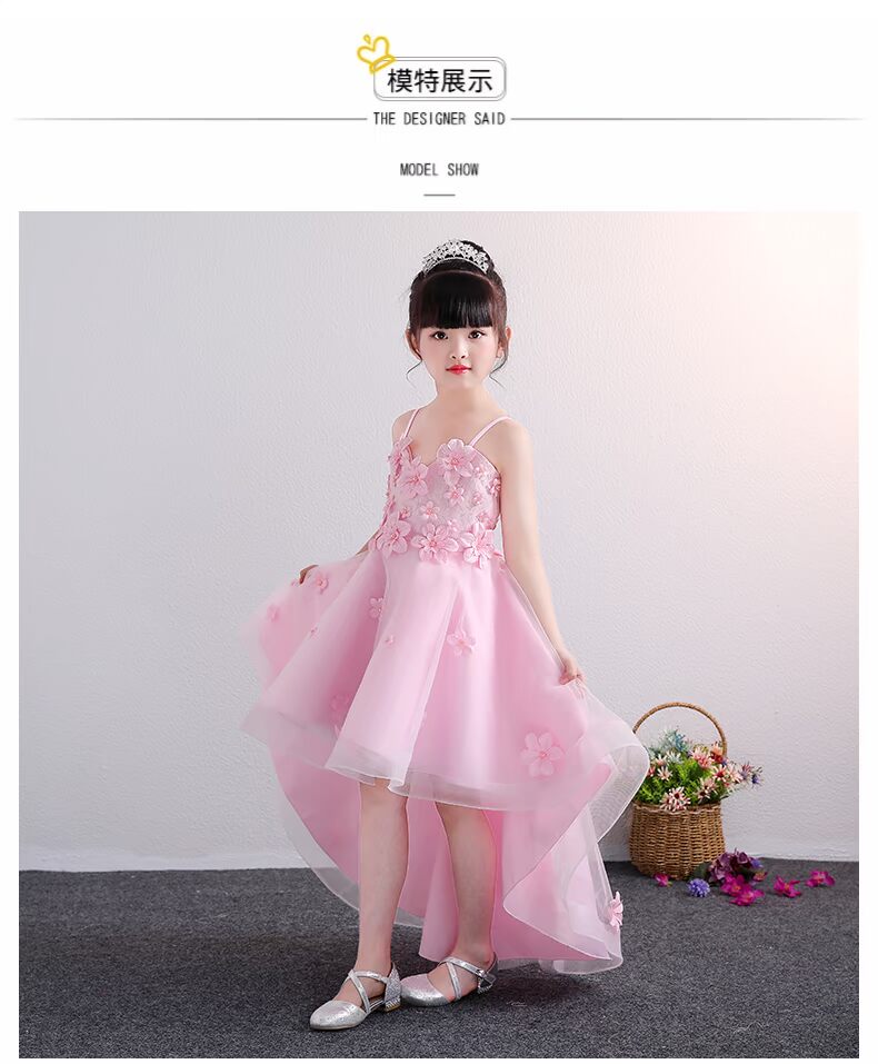 Trẻ em ăn mặc cô gái hoa màu hồng ngắn ngắn đuôi dài công chúa váy cô gái trang phục piano chủ chương trình mùa hè đồ trẻ em