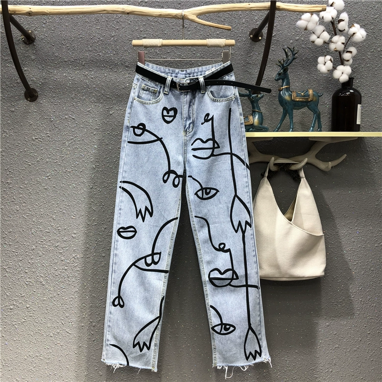 Spring Summer Washed Jeans Women Fashion irregular Print High waist Jeans Loose Casual Straight Jeans Female Long Trousers straight leg jeans
