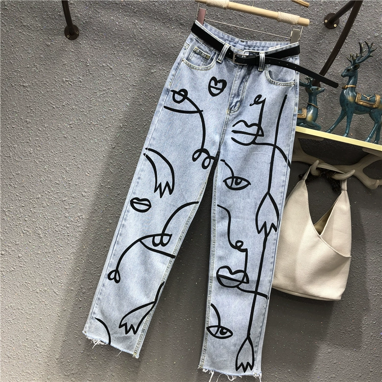 Spring Summer Washed Jeans Women Fashion irregular Print High waist Jeans Loose Casual Straight Jeans Female Long Trousers straight leg jeans