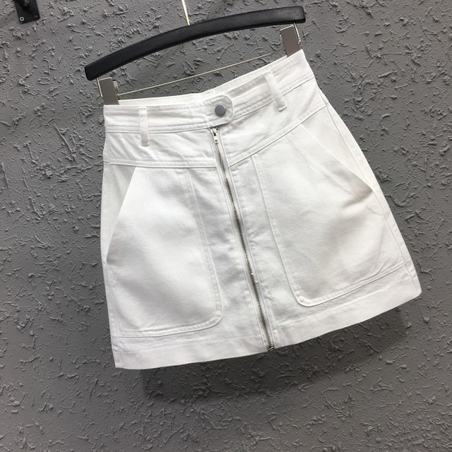 Anti-Exposure White Zipper Denim Skirt for Women 2025 Spring and Summer New High-Waist Slim Large Flap Pocket Pants Hip-Covering Short Skirt