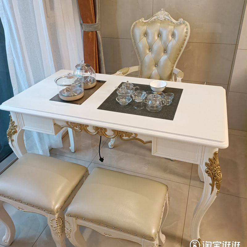 European-Style Tea Table and Chair Set, Household Solid Wood Integrated Small Tea Table, Kung Fu Tea Table, Ivory White Balcony Tea Table European-Style Tea Table and Chair Set, Household Solid Wood Integrated Small Tea Table, Kung Fu Tea Table, Ivory White Balcony Tea Table