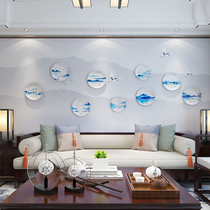 New Chinese green flower Porcelain Classical Landscape ceramic hanging disc Living room swing piece Background wall Decorative Pan Dining Room Wall Decoration