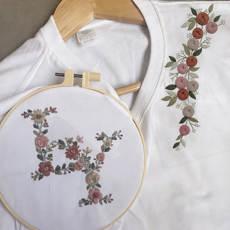 Letter and Floral Combination Embroidery T-Shirt, Handmade Self-Embroidery Couple Outfit, Short-Sleeved Pure Cotton with Floral Collar Label Material Kit Letter and Floral Combination Embroidery T-Shirt, Handmade Self-Embroidery Couple Outfit, Short-Sleeved Pure Cotton with Floral Collar Label Material Kit
