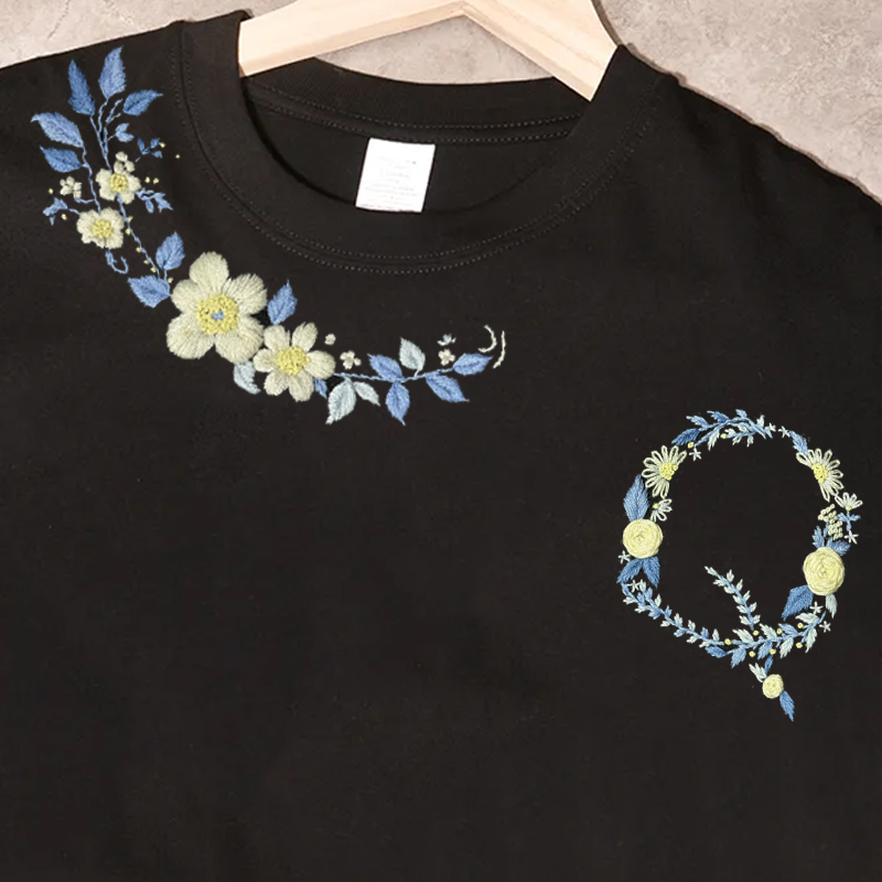 DIY Embroidery Kit for T-Shirts, Couple Outfits, Half-Sleeve Pure Cotton Floral Letter Embroidery Clothing, Handmade Trendy