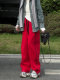 This Year's Trendy Women's Sweatpants 2025 New Winter Fleece-Lined Red Petite Slimming Wide-Leg Sweatpants