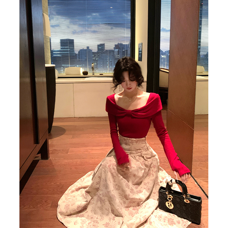 French Retro Gentle Style Red Knitted Top Suit Skirt Autumn and Winter High-End Elegant Elegant Skirt Two-Piece Set French Retro Gentle Style Red Knitted Top Suit Skirt Autumn and Winter High-End Elegant Elegant Skirt Two-Piece Set