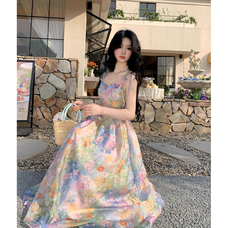 French Retro Oil Painting Style Smudged Floral Suspender Dress Summer Colorful Dopamine Seaside Vacation Long Dress