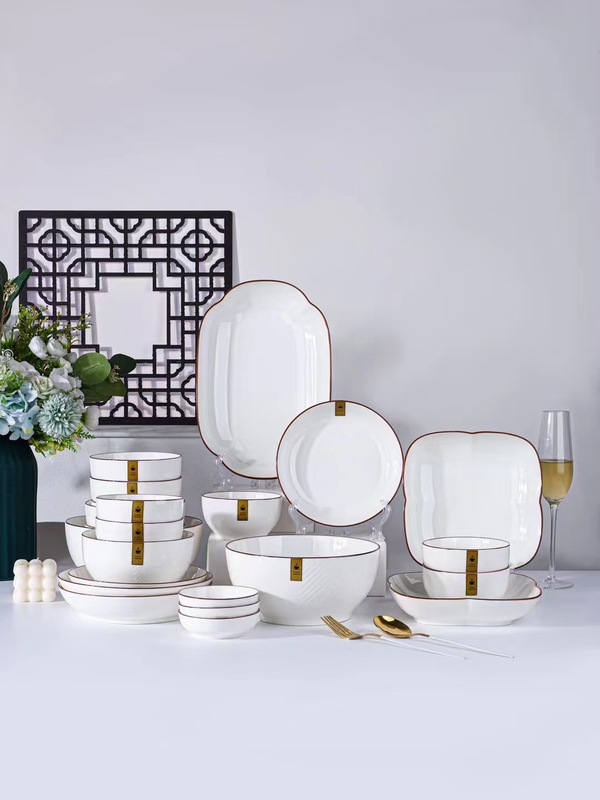 Youzun Ceramic Annual Ring Pattern Bowl and Plate Set, Porcelain Dinnerware Set, Household Tableware Set, White Bowls and Plates