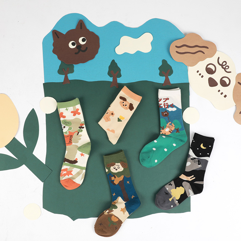 Mid-Calf and Long Socks, Camping Series, Cartoon Animal Cute Pattern Socks, Women's and Men's Socks, Cotton, Trendy, Breathable, Unique