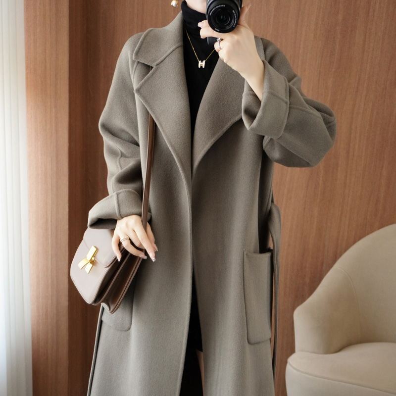 Wool Double-Sided Woolen Coat for Women, Solid Color, Long Woolen Winter High-End Slimming French Korean Style Hepburn Style Coat for Women