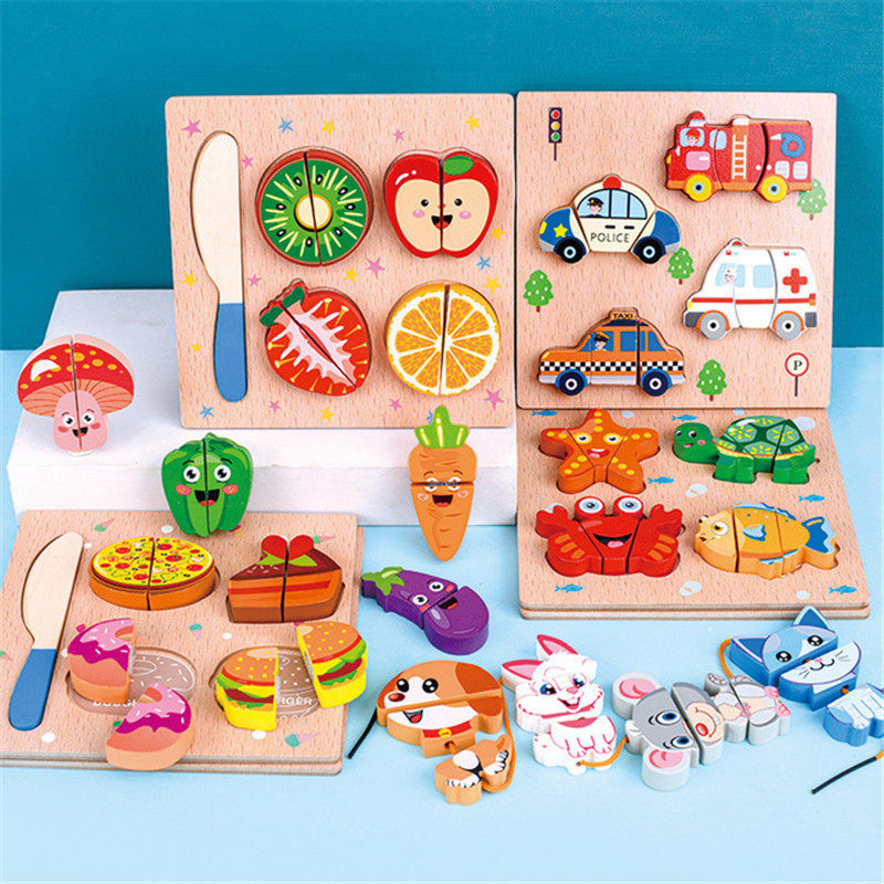 Fruits and vegetables Chichele wooden toys building blocks string rope three-dimensional jigsaw puzzle for early childhood education educational threading puzzle