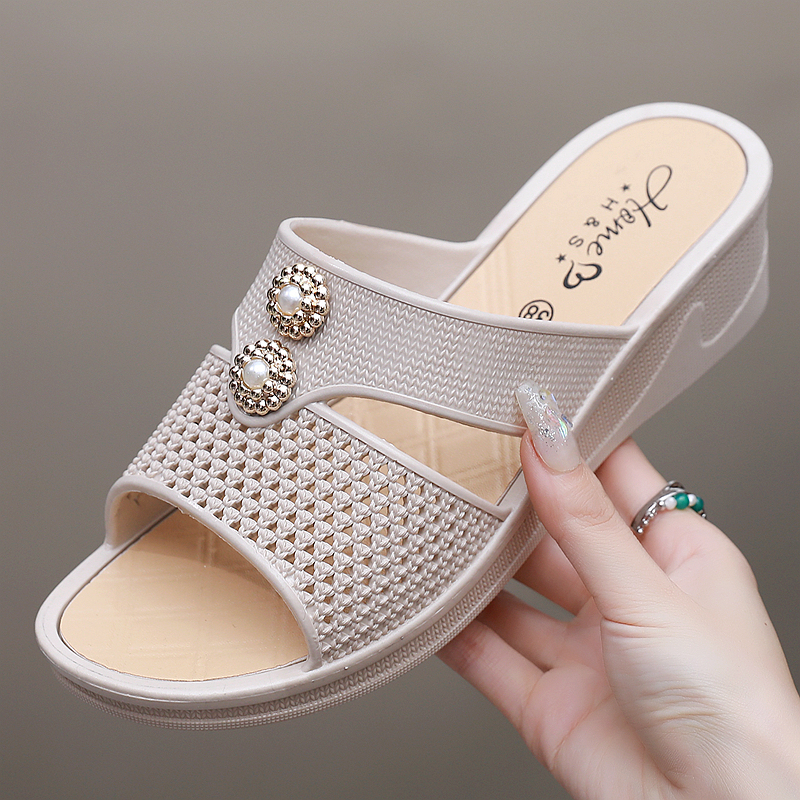 Women's High-Heeled Slippers for Summer, Thick-Soled, Fashionable, Home Bathroom Non-Slip Mom Shoes, Soft-Soled Wedge Sandals