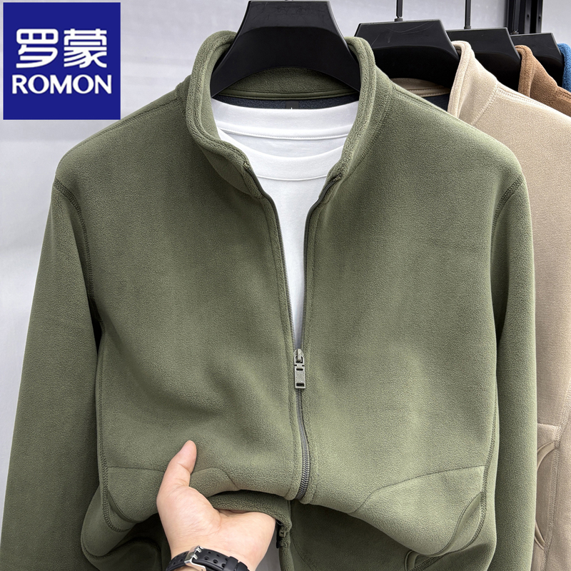 Romon Autumn and Winter Men's Sweatshirt Jacket Stand Collar Fleece Jacket Cardigan for Young and Middle-Aged People Windproof Outdoor Fleece Clothing