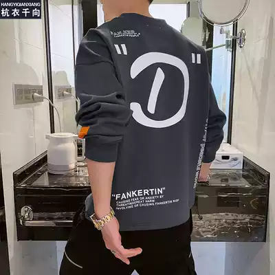 Spring and autumn youth plus velvet round neck thick cotton T-shirt men's ins tide brand hip-hop loose top clothes spring les handsome T-shirt