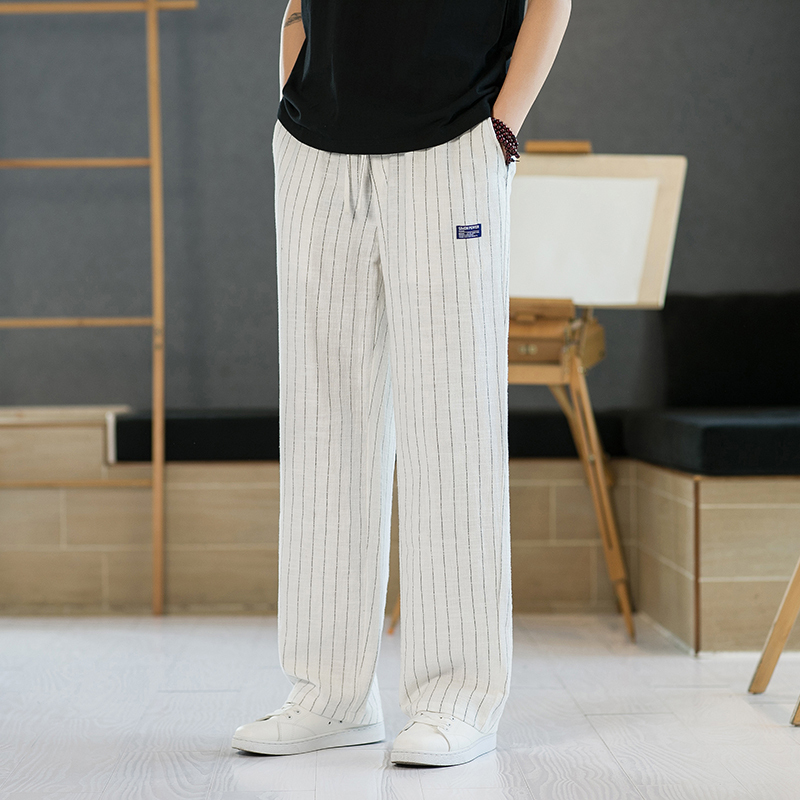 Linen Pants for Men, Summer Thin Cotton-Linen Pants, White Striped Pants, Straight Loose Wide-Leg Pants, Men's Casual Long Pants