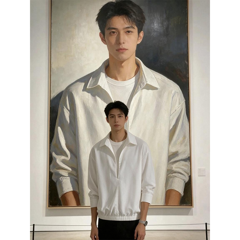 Relaxed Fit Half-Open Front White Shirt for Men, Faux Two-Piece Turn-Down Collar Pullover Shirt with Elasticated Hem, Long-Sleeve Top