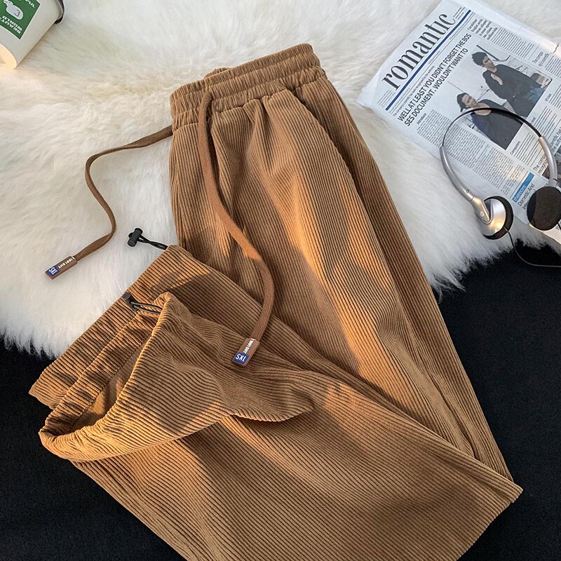 Corduroy Pants for Men, Winter Fleece-Lined and Thickened, Sports Sweatpants with Drawstring, Jogger Pants, Straight-Leg, Loose-Fitting Casual Long Pants
