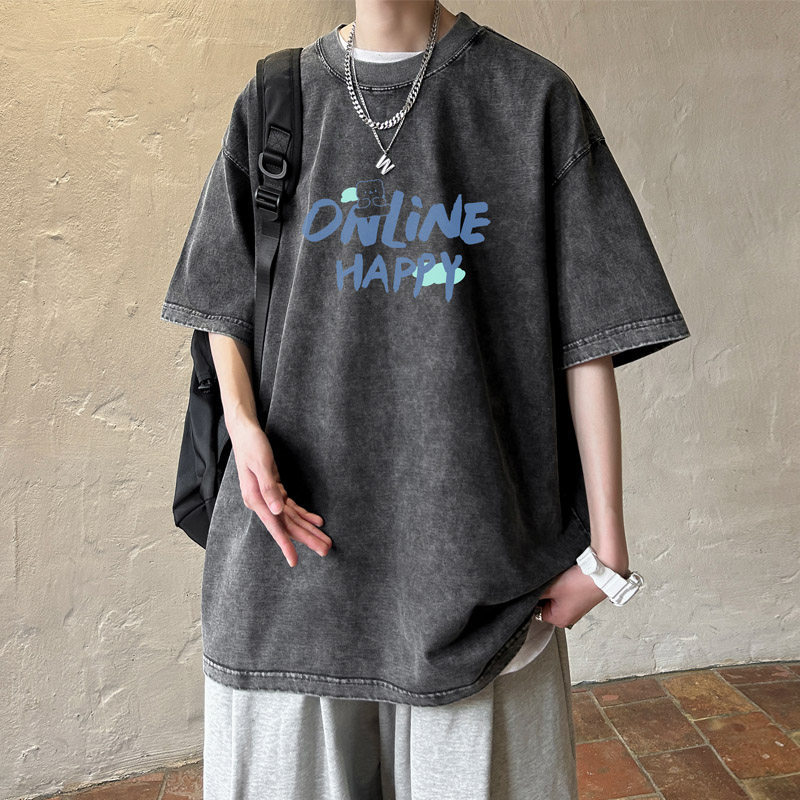 Casual Washed Vintage Short-Sleeved T-Shirt for Men, Summer 2024 New Dopamine American Style Trendy Brand Loose Half-Sleeve Top