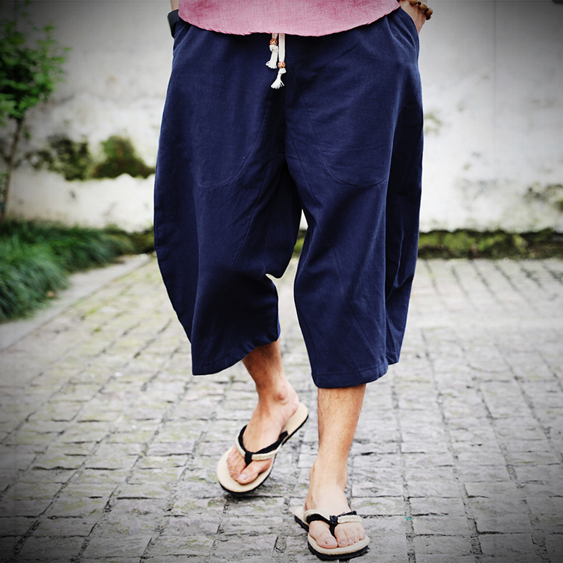 Men's Linen Capri Pants, Summer Thin Cotton-Linen Pants, Loose Wide-Leg Lantern Pants, Japanese Casual Harem Shorts Men's Linen Capri Pants, Summer Thin Cotton-Linen Pants, Loose Wide-Leg Lantern Pants, Japanese Casual Harem Shorts