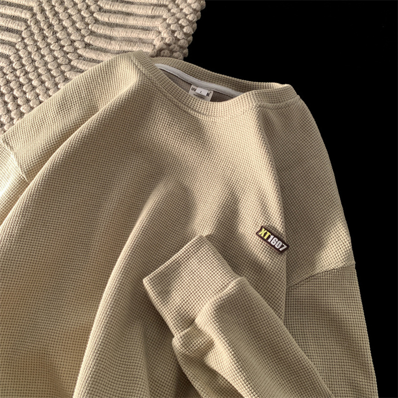 Men's Sweatshirt for Middle and High School Students, Round Neck, Long-Sleeved Base Shirt, 2026 New Heavyweight Waffle Pattern Men's Casual Top