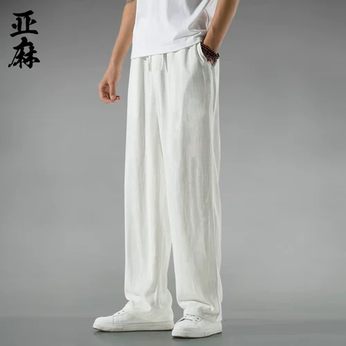 Летние штаны для отдыха, из хлопка и льна, свободный прямой крой, китайский стиль