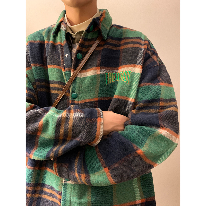 Woolen Coat Men's Autumn and Winter Green Plaid Shirt Jacket Youth Boys Woolen Shirt
