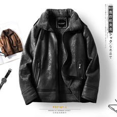 Одежда из кожи 皮毛一体外套冬季加绒加厚麂皮绒皮衣夹克日系复古羊羔绒男士大衣