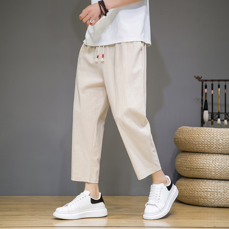 Men's Summer Thin Linen Cropped Pants, Summer Suit Men's Casual Pants, Loose Cotton-Linen Seven-Eighth Length Harem Pants Men's Summer Thin Linen Cropped Pants, Summer Suit Men's Casual Pants, Loose Cotton-Linen Seven-Eighth Length Harem Pants