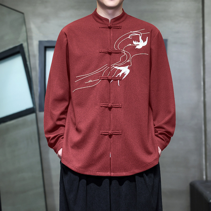 Red Tang Suit for Men, 2026 New Style, New Chinese Style Men's Shirt with Embroidery and Button Closure, Hanfu Top, Chinese Style Jacket