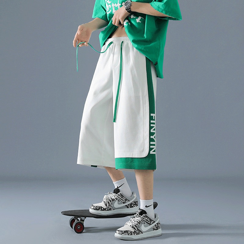 American-Style Fake Two-Piece Skateboard Pants, Salt-Style Boyfriend Shorts for Men, Over-The-Knee Double-Layer White and Green Cropped Pants, Loose Fit for Summer