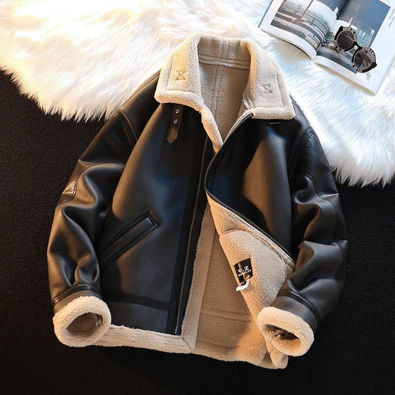 Men's Shearling Jacket Winter Fleece-Lined Thickened Biker Jacket Trendy Brand Lamb Wool Jacket Cotton Coat Shearling Leather Jacket Men's Shearling Jacket Winter Fleece-Lined Thickened Biker Jacket Trendy Brand Lamb Wool Jacket Cotton Coat Shearling Leather Jacket