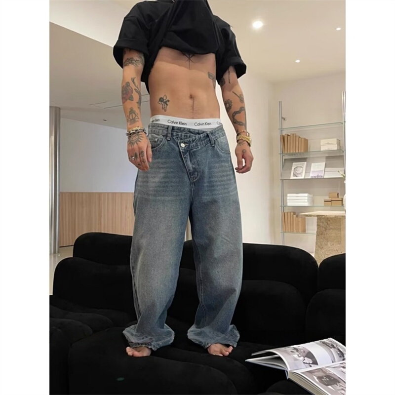Irregular American Retro Jeans for Men 2026 New Straight Loose Trendy Wide-Leg Pants Japanese Style Outfit