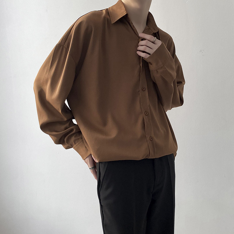 Brown Shirt for Men with a Unique Design, Satin High-End Feel, Men's Clothing, Japanese Style, French Retro Jacket, New Autumn Collection