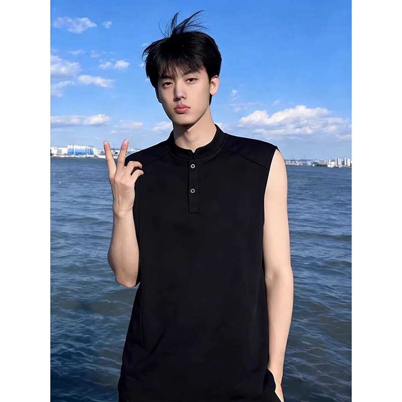 Black American-Style Henley Collar Vest for Men, Summer High-End Stylish Sleeveless T-Shirt, Heavy-Duty Stand-Up Collar Polo Shirt Black American-Style Henley Collar Vest for Men, Summer High-End Stylish Sleeveless T-Shirt, Heavy-Duty Stand-Up Collar Polo Shirt