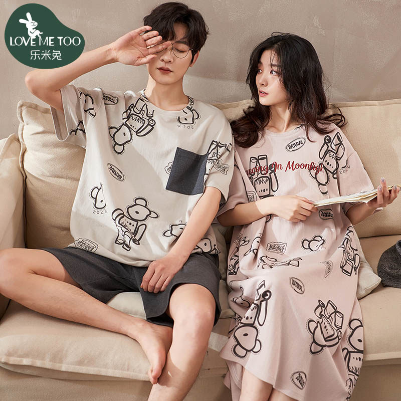 2 sets of summer couple pajamas one male and one female cotton homewear thin section short-sleeved cute nightdress ladies summer