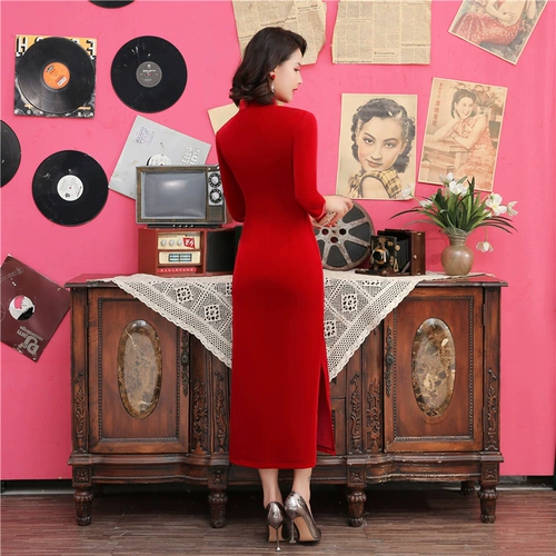 Длинный бархатный чай улун Да Хун Пао, ципао, демисезонное платье для матери, светлый стиль, коллекция 2021