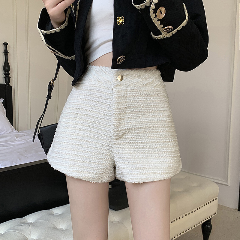Tweed Shorts for Women in the Style of Tweed, New for Autumn and Winter, High-Waisted, Slimming, White Tweed Casual Pants for Petite Women